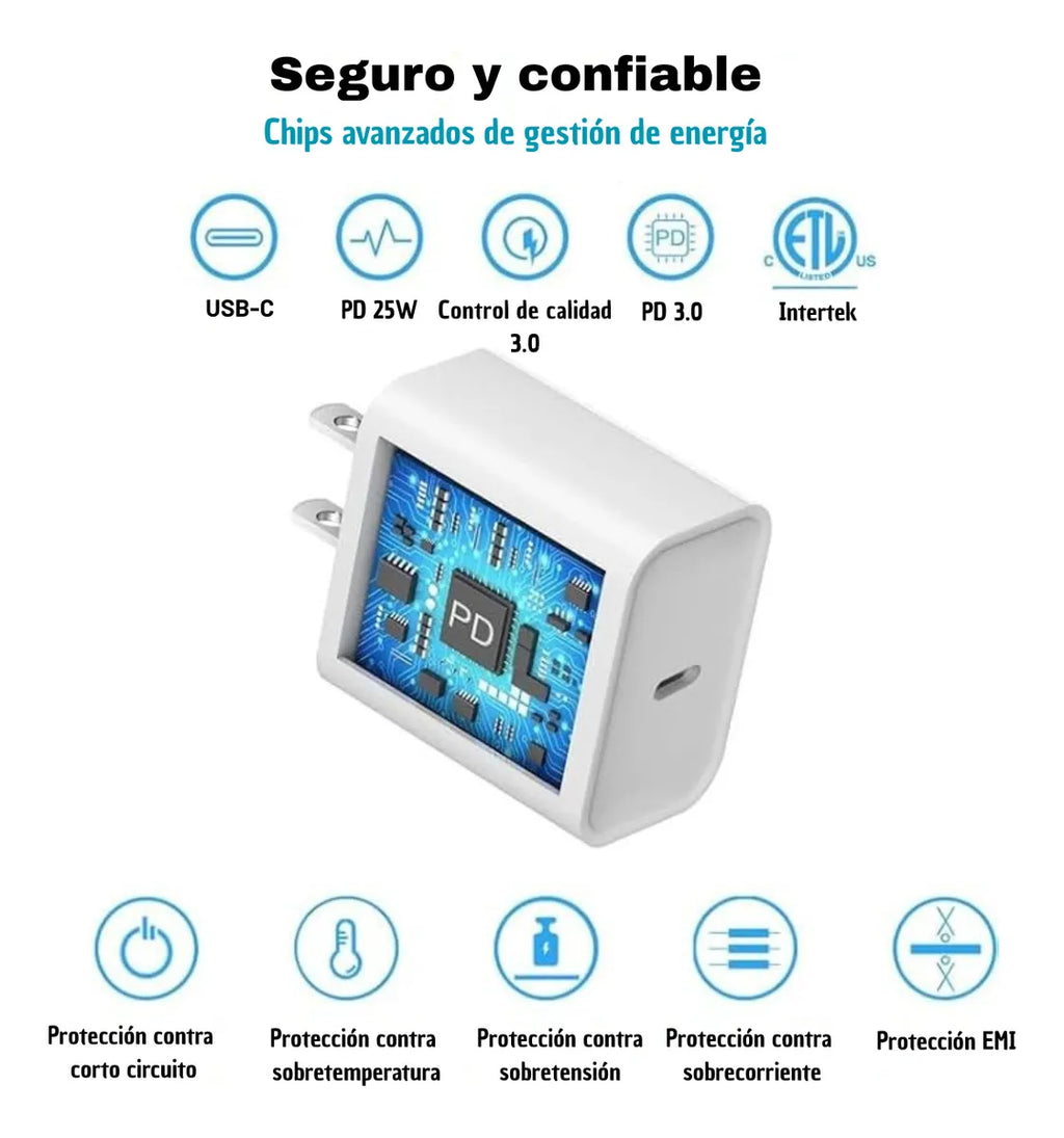Adaptador de Corriente USB-C 25W: Carga Rápida Inteligente y Protección de Batería