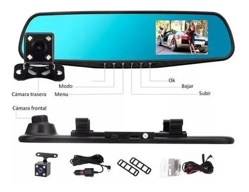 Espejo Retrovisor Doble Cámara Pantalla 4.3'' Full HD para Carro